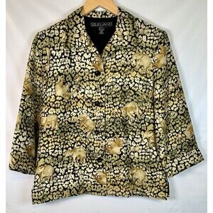 SilkLand Collection Silk Black Yellow Green Elephant Print Button Jacket Size 4